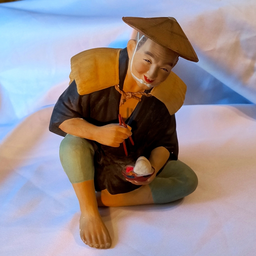 Vintage Japanese Hakata Urasaki Doll: sitting man eating rice with chop sticks